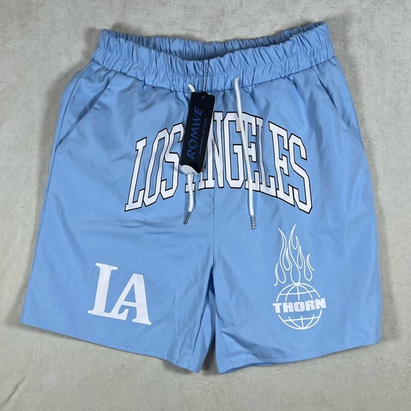 NWT ROMWE Medium Los Angeles LA Light Blue Athletic Shorts - Picture 1 of 7
